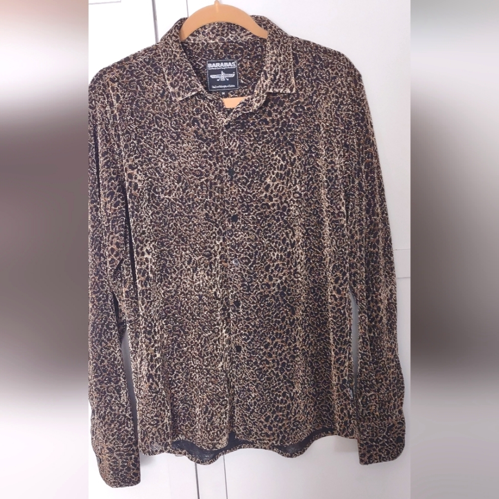 Baraba's Men's Shirt Sz M See-through Animal Print Metallic Gold Thread EUC